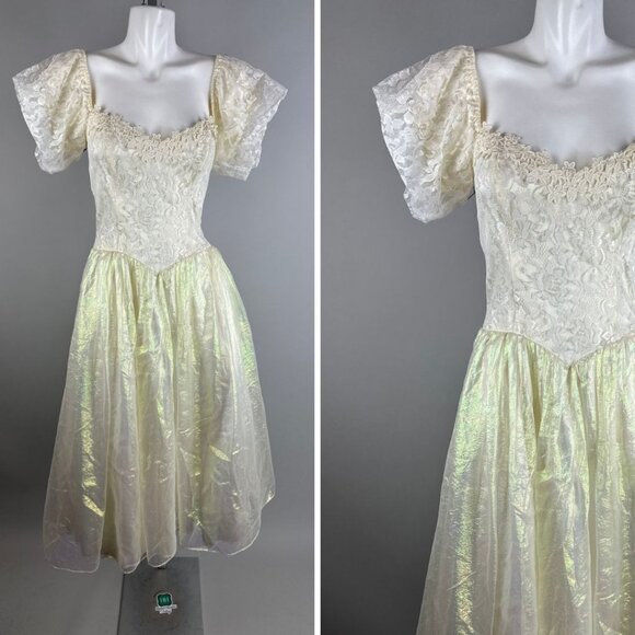 Vtg 90s Gunne Sax White Iridescent Fairycore Lace Bodice Party Prom Dress 7 - Picture 1 of 9